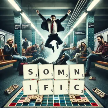 Creative illustration for a Scrabble game with the word SOMNIFIC spelled out in tiles on the board.