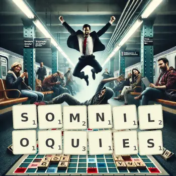 Creative illustration for a Scrabble game with the word SOMNILOQUIES spelled out in tiles on the board.