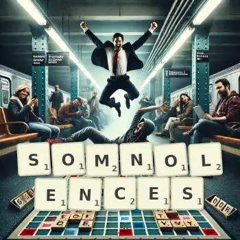 Creative illustration for a Scrabble game with the word SOMNOLENCES spelled out in tiles on the board.