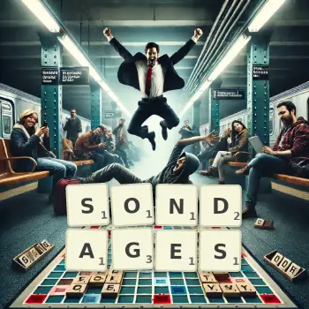 Creative illustration for a Scrabble game with the word SONDAGES spelled out in tiles on the board.