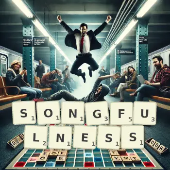 Creative illustration for a Scrabble game with the word SONGFULNESS spelled out in tiles on the board.