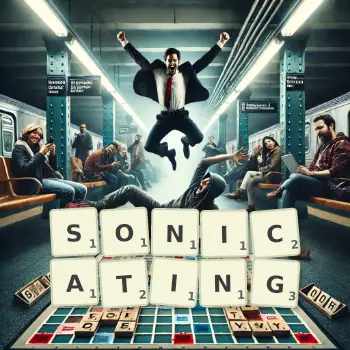 Creative illustration for a Scrabble game with the word SONICATING spelled out in tiles on the board.