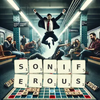 Creative illustration for a Scrabble game with the word SONIFEROUS spelled out in tiles on the board.