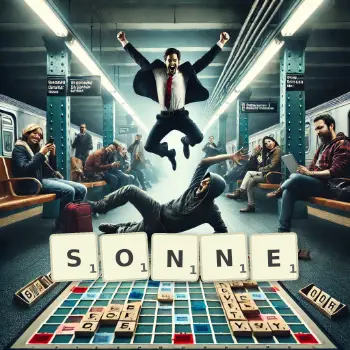 Creative illustration for a Scrabble game with the word SONNE spelled out in tiles on the board.