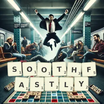 Creative illustration for a Scrabble game with the word SOOTHFASTLY spelled out in tiles on the board.