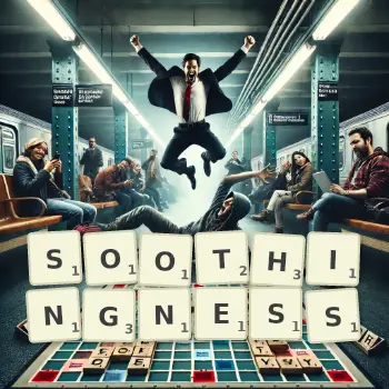Creative illustration for a Scrabble game with the word SOOTHINGNESS spelled out in tiles on the board.