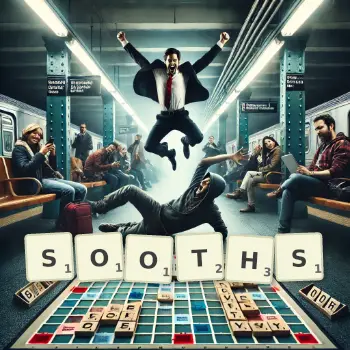 Creative illustration for a Scrabble game with the word SOOTHS spelled out in tiles on the board.