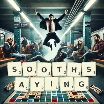 Creative illustration for a Scrabble game with the word SOOTHSAYING spelled out in tiles on the board.