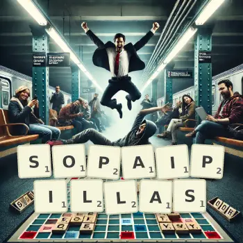 Creative illustration for a Scrabble game with the word SOPAIPILLAS spelled out in tiles on the board.