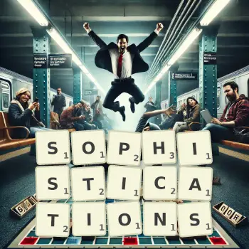 Creative illustration for a Scrabble game with the word SOPHISTICATIONS spelled out in tiles on the board.