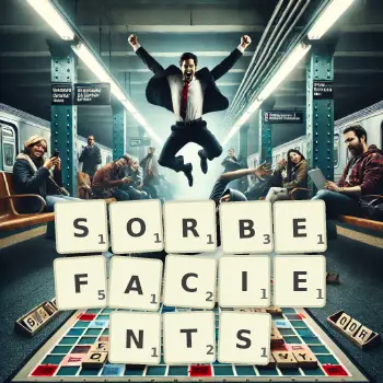 Creative illustration for a Scrabble game with the word SORBEFACIENTS spelled out in tiles on the board.