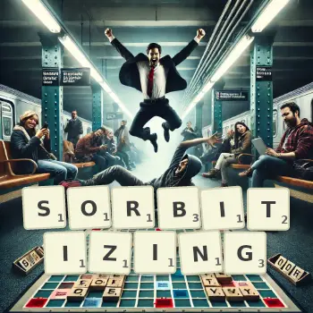 Creative illustration for a Scrabble game with the word SORBITIZING spelled out in tiles on the board.