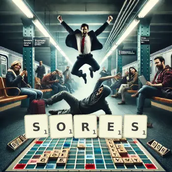 Creative illustration for a Scrabble game with the word SORES spelled out in tiles on the board.
