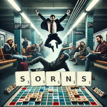 Creative illustration for a Scrabble game with the word SORNS spelled out in tiles on the board.
