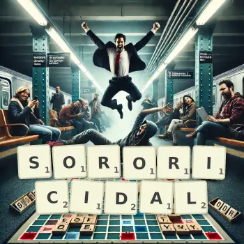 Creative illustration for a Scrabble game with the word SORORICIDAL spelled out in tiles on the board.