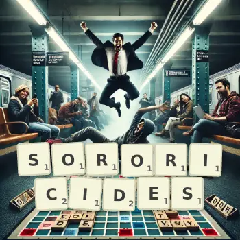 Creative illustration for a Scrabble game with the word SORORICIDES spelled out in tiles on the board.