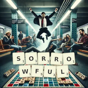 Creative illustration for a Scrabble game with the word SORROWFUL spelled out in tiles on the board.