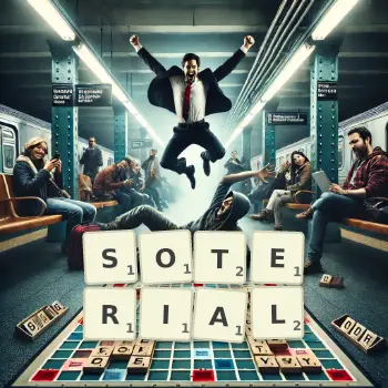 Creative illustration for a Scrabble game with the word SOTERIAL spelled out in tiles on the board.