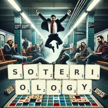 Creative illustration for a Scrabble game with the word SOTERIOLOGY spelled out in tiles on the board.
