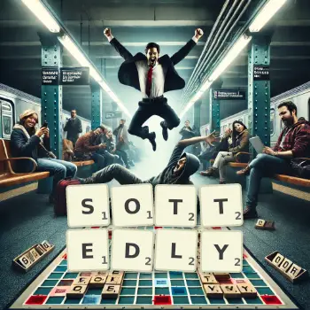 Creative illustration for a Scrabble game with the word SOTTEDLY spelled out in tiles on the board.