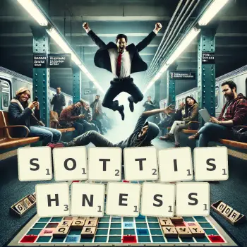 Creative illustration for a Scrabble game with the word SOTTISHNESS spelled out in tiles on the board.