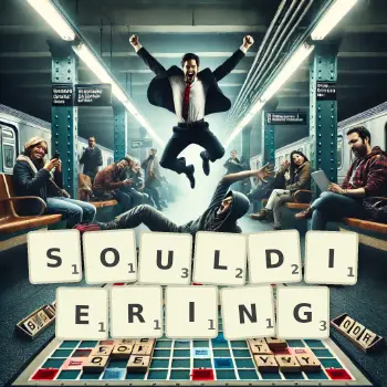 Creative illustration for a Scrabble game with the word SOULDIERING spelled out in tiles on the board.