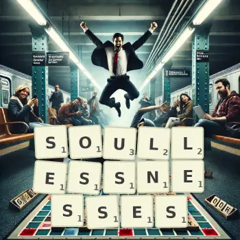 Creative illustration for a Scrabble game with the word SOULLESSNESSES spelled out in tiles on the board.