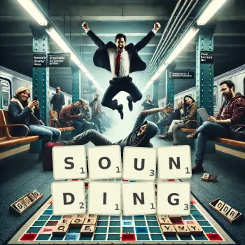 Creative illustration for a Scrabble game with the word SOUNDING spelled out in tiles on the board.