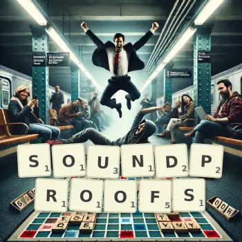 Creative illustration for a Scrabble game with the word SOUNDPROOFS spelled out in tiles on the board.