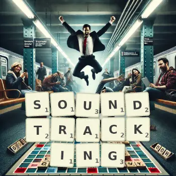 Creative illustration for a Scrabble game with the word SOUNDTRACKING spelled out in tiles on the board.