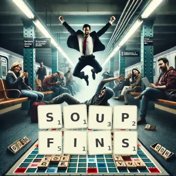 Creative illustration for a Scrabble game with the word SOUPFINS spelled out in tiles on the board.