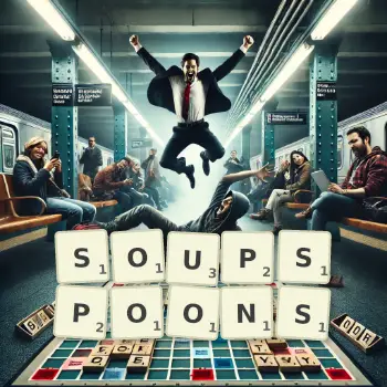 Creative illustration for a Scrabble game with the word SOUPSPOONS spelled out in tiles on the board.