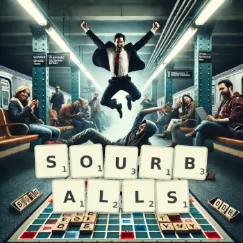 Creative illustration for a Scrabble game with the word SOURBALLS spelled out in tiles on the board.