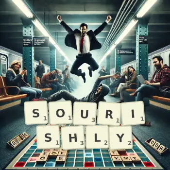 Creative illustration for a Scrabble game with the word SOURISHLY spelled out in tiles on the board.