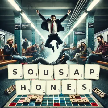 Creative illustration for a Scrabble game with the word SOUSAPHONES spelled out in tiles on the board.