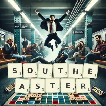Creative illustration for a Scrabble game with the word SOUTHEASTER spelled out in tiles on the board.