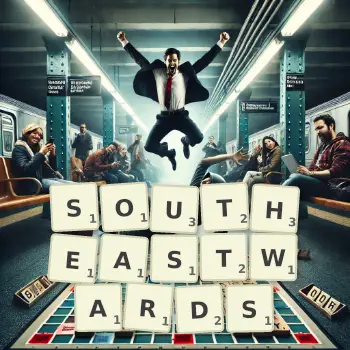 Creative illustration for a Scrabble game with the word SOUTHEASTWARDS spelled out in tiles on the board.