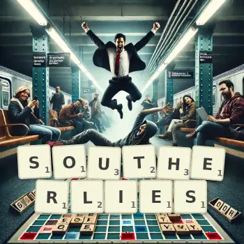 Creative illustration for a Scrabble game with the word SOUTHERLIES spelled out in tiles on the board.