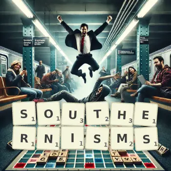 Creative illustration for a Scrabble game with the word SOUTHERNISMS spelled out in tiles on the board.