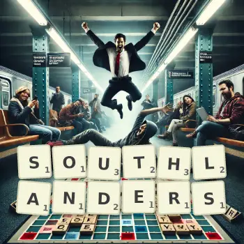 Creative illustration for a Scrabble game with the word SOUTHLANDERS spelled out in tiles on the board.