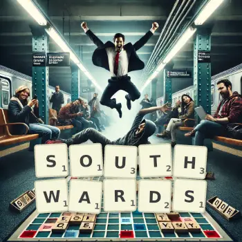 Creative illustration for a Scrabble game with the word SOUTHWARDS spelled out in tiles on the board.