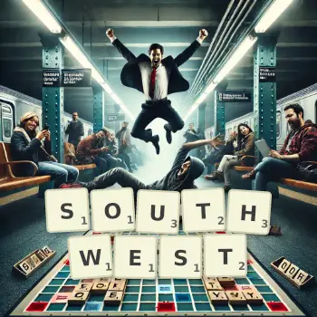 Creative illustration for a Scrabble game with the word SOUTHWEST spelled out in tiles on the board.