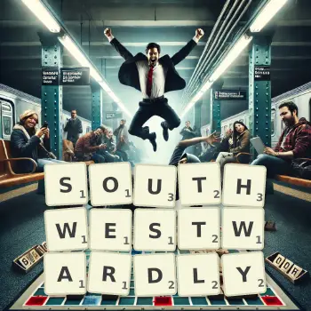 Creative illustration for a Scrabble game with the word SOUTHWESTWARDLY spelled out in tiles on the board.