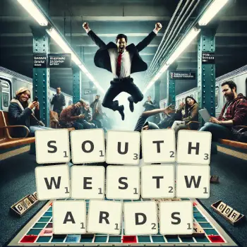 Creative illustration for a Scrabble game with the word SOUTHWESTWARDS spelled out in tiles on the board.