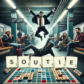 Creative illustration for a Scrabble game with the word SOUTIE spelled out in tiles on the board.