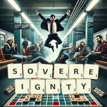 Creative illustration for a Scrabble game with the word SOVEREIGNTY spelled out in tiles on the board.