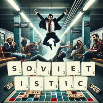 Creative illustration for a Scrabble game with the word SOVIETISTIC spelled out in tiles on the board.