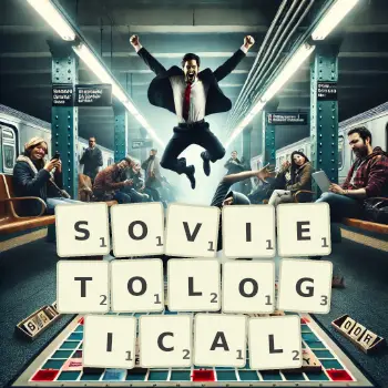 Creative illustration for a Scrabble game with the word SOVIETOLOGICAL spelled out in tiles on the board.