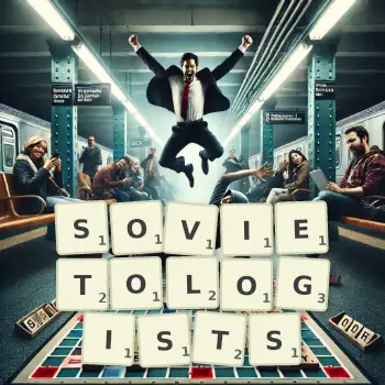 Creative illustration for a Scrabble game with the word SOVIETOLOGISTS spelled out in tiles on the board.