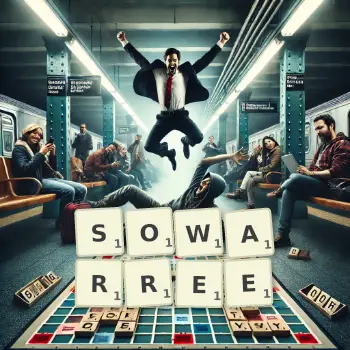 Creative illustration for a Scrabble game with the word SOWARREE spelled out in tiles on the board.